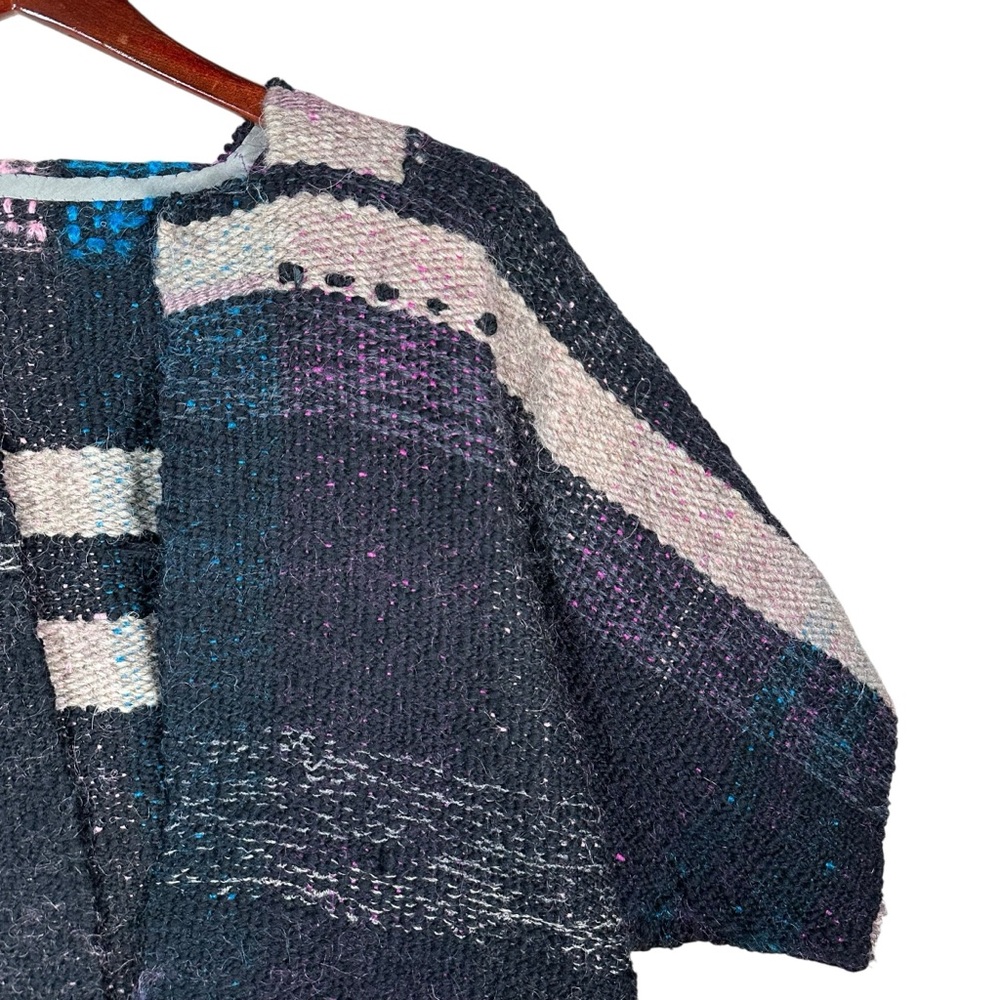 VINTAGE Boxy Open Front Woven Wool Saori Kimono Woven Poncho - Picture 6 of 10